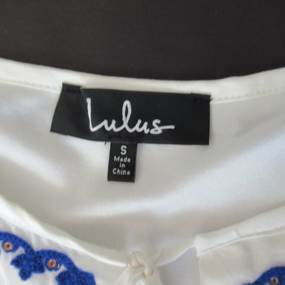 Lulus Womens Sz. S Long Sleeve Embroidered Tie Neck Boho Mini Dress White Blue - Picture 10 of 12